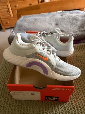 Nike White Sneakers with Orange Swoosh & Purple Trim
